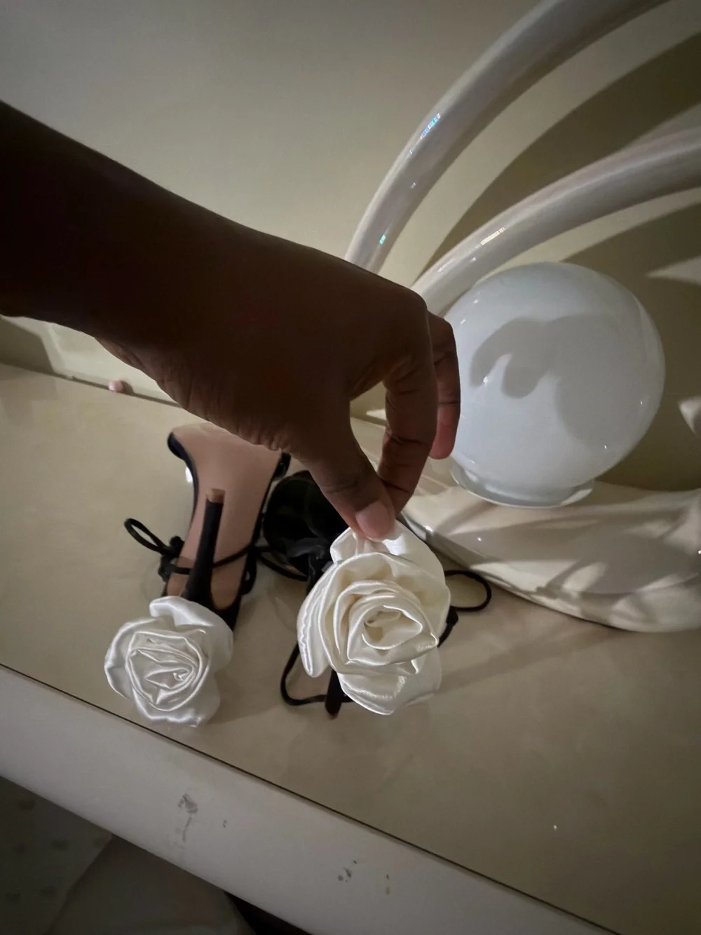 Black Evening Sandals with White Rose Accent